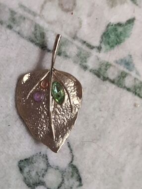 Gold Leaf Pendant with Green and Purple Stones - Women Jewelry